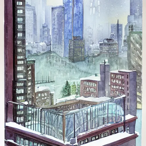 Image similar to modern loft overlooking central park in a blizzard, in watercolor gouache detailed paintings, moebius, blueprint, art nouveau