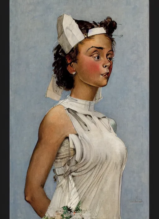 Image similar to a portrait by norman rockwell of a beautiful girl detailed features wearing a cargo wedding dress synthetic materials, jumpsuits chic'techno fashion trend by nike