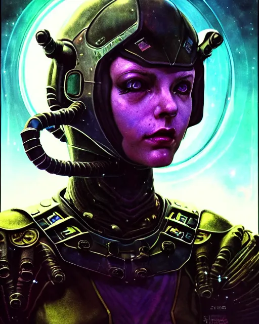 Prompt: a fed up cyber astro goddess like from skyrim and elden ring and grand theft auto and overwatch, character portrait, portrait, close up, concept art, intricate details, extremely detailed, realistic vintage sci - fi poster, in the style of chris foss, rodger dean, moebius, michael whelan, lumi, and gustave dore, bright deep color, wide angle,