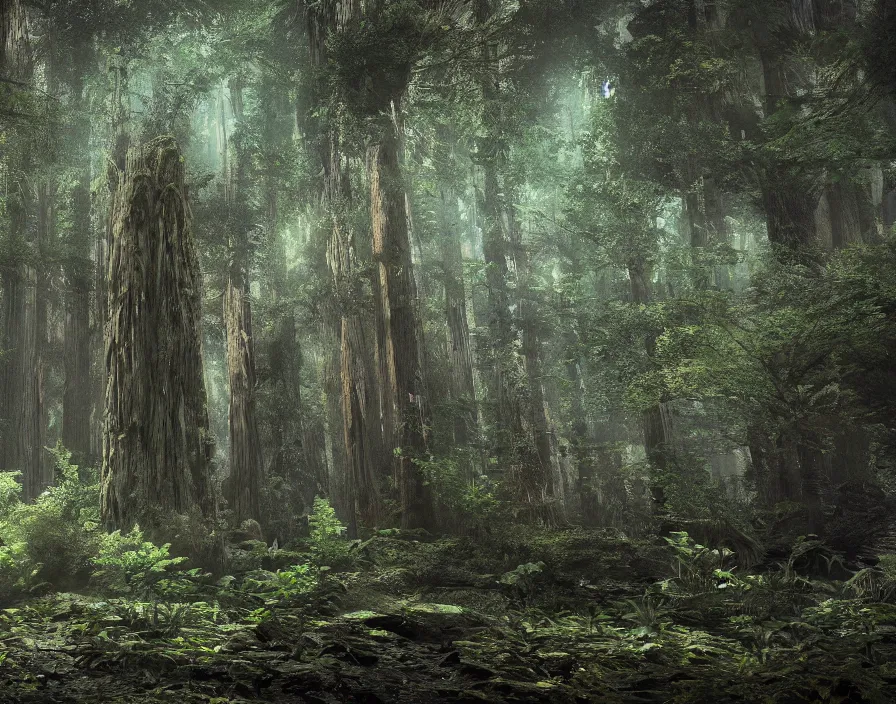 Image similar to enchanted magical illumined twisty swirly watery ( next level ) giant redwood forest. spells. runes. 8 k. uhd. octane render. highly elegant, detailed. harmonic composition. epic composition. hd.