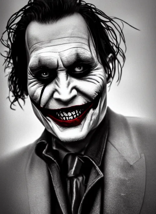 Image similar to photo of Johnny Depp as the Joker by Lee Jeffries , big smile, head shot, detailed, award winning, Sony a7R, trending on artstation