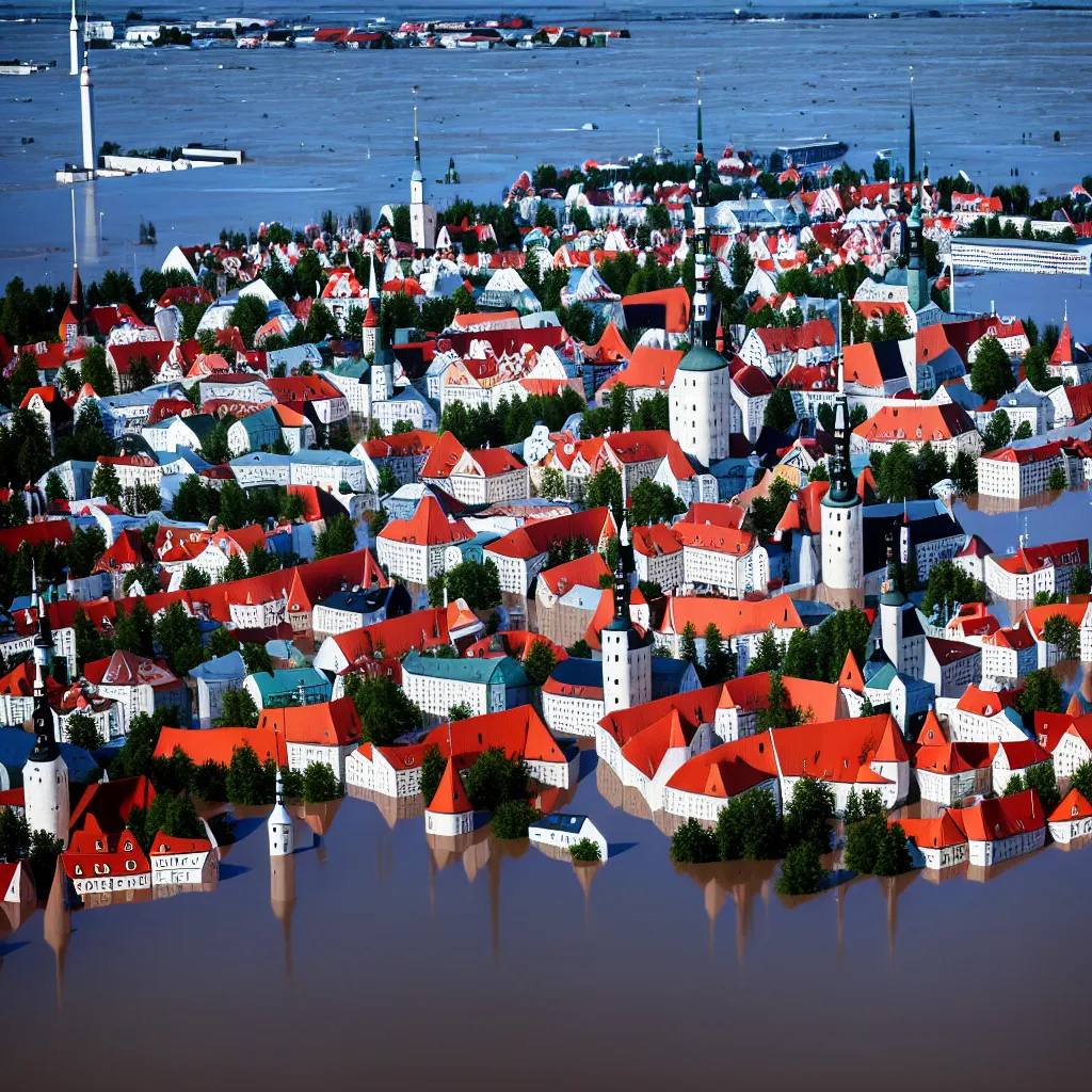 Image similar to Tallinn, capital of estonia, suffering from floods from the sea due to climate change in the year 2100, street photography by Henri Cartier-Bresson, ultra detailed, 8k,