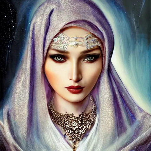 Prompt: a beautiful woman rym amari wearing a hijab made of silver with jewelry and diamonds by karol bak, ayami kojima, artgerm, sakimichan, arabian beauty, blue eyes, smile, concept art, fantasy