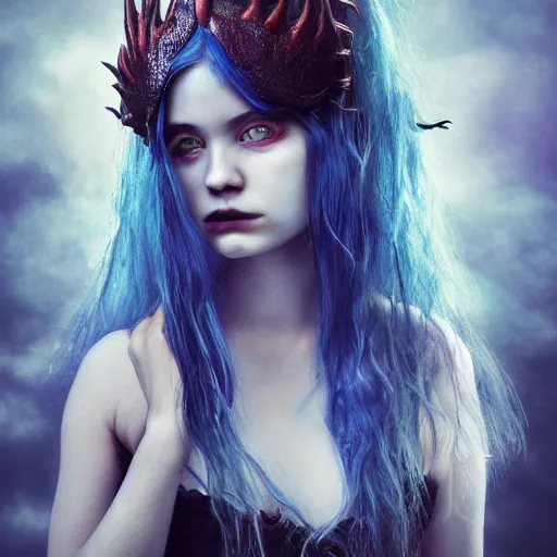 Prompt: portrait of young girl half dragon half human, dragon girl, dragon skin, dragon eyes, dragon crown, blue hair, long hair, highly detailed, cinematic lighting, by Tim Burton and Robert Eggers