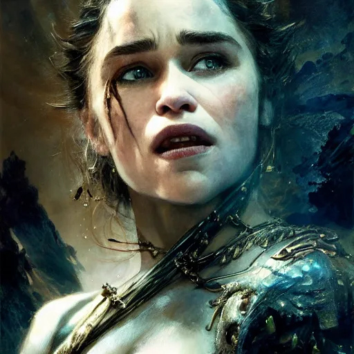 Image similar to emilia clarke with long fangs, detailed, by gaston bussiere, bayard wu, greg rutkowski, giger, maxim verehin, greg rutkowski, masterpiece, sharp focus,