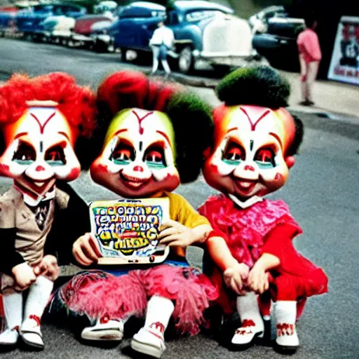 Image similar to garbage pail kids watching a gang of 1950s clown street performers,