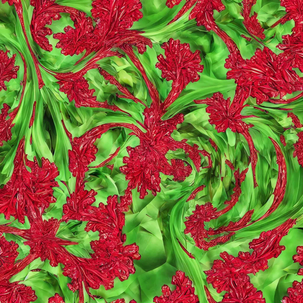 Image similar to high fashion haute couture scaled bananas with dragonflies, and form a complex fractal vegetable foliage, with red petals and shiny stems, mesh roots, hyper real, food photography, high quality