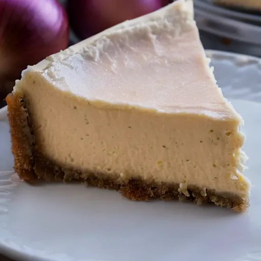 Image similar to close view of a delicious sweet and perfect onion cheesecake piece, award winning, 4 k, beautiful