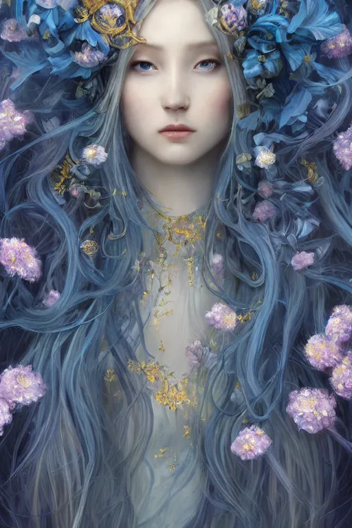 Image similar to breathtaking detailed soft painting of a knight queen with long flowing blue hair, pastel flowers petals and golden ribbons flying, art by pilyeon and yuumei art, symmetrical facial features, at dawn in front of a pristine golden art nouveau cathedral, elegant, volumetric lighting, highly detailed, artstation, concept art, matte, sharp focus,