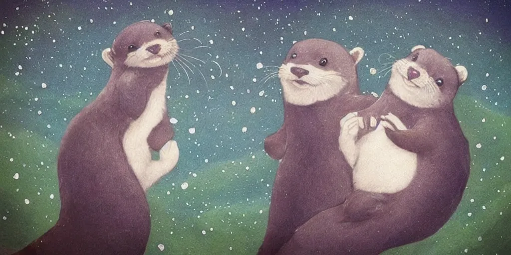 Image similar to my little everything, magical cuteness, fantasy otter love, otters holding hands in the stormy sea