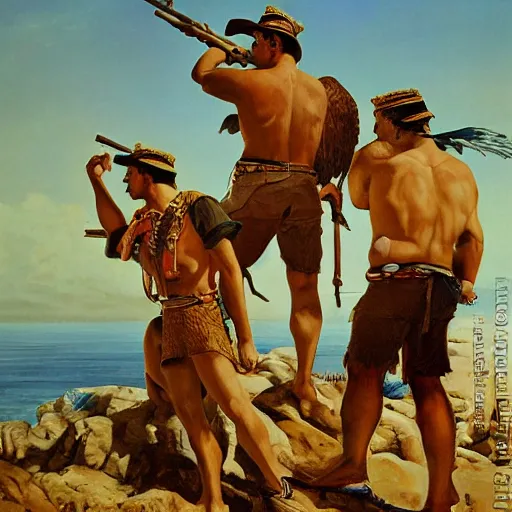 Image similar to stout cortez with eagle eyes stared at the pacific and all his men looked at each other with a wild surmise silent, upon a peak in darien, by jean deville, by marc davis, oil on canvas