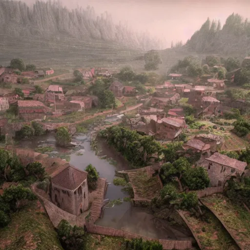 Image similar to the center of a poor medieval town under heavy rain at late dawn, in a valley, surrounded by mountains, highly detailed, octane render, hyper realistic, ultra detailed cinematic, 8 k, photorealistic, widescreen, hd, hyper realism