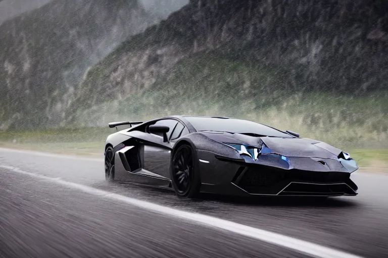 Image similar to a cinematic photograph of a lamborghini aventador driving through a vast mountainous landscape whilst lightening strikes on the mountains, rain falls, ultra realistic, high definition