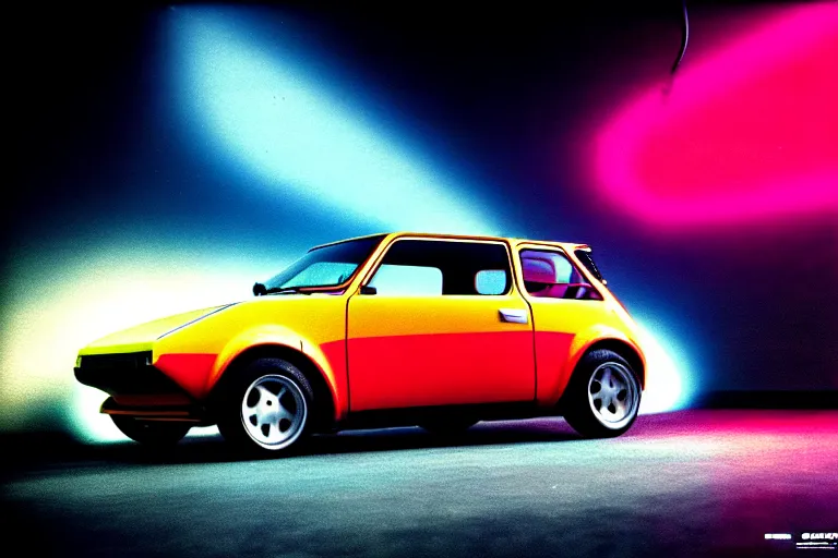 Prompt: designed by giorgetto giugiaro stylized poster of a yugo with thick neon lights as an ektachrome photograph with volumetric lighting cinematic