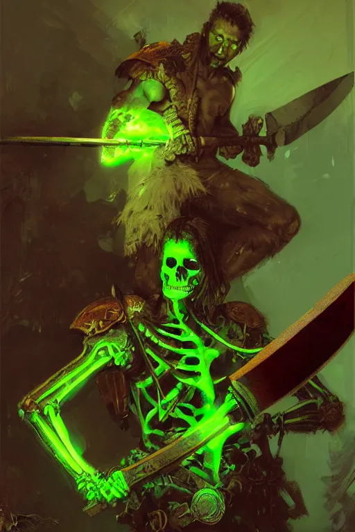 Image similar to neon green skeleton with a large axe portrait dnd, painting by gaston bussiere, craig mullins, greg rutkowski, yoji shinkawa