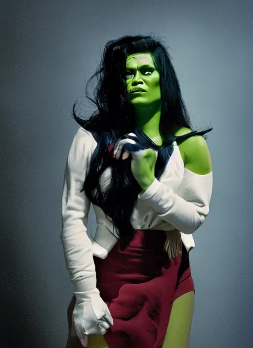 Image similar to a color photo portrait of she hulk in la wearing high fashion, modern, by tim walker, dramatic lighting, 7 5 mm lens, sharp focus.