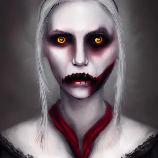 Image similar to a realistic head and shoulder professional portrait of a female vampire, painted in the style of bloodborne, interesting color use, vampire fashion, highly detailed, melancholy, vampire teeth