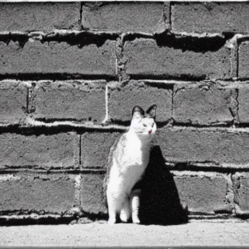 Image similar to wide - shot low - angle ant's eye view, sharp shadow!! of a cat!! on the brick wall outside, polaroid photo, by andy warhol