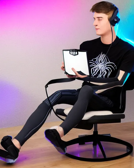 Prompt: a spider alien in spandex bodysuit playing computer games in a streamer bedroom, gaming chair, gaming headset, rgb wall light