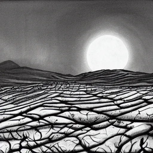 Prompt: A painting of the sun rising over a barren village. Dark Fantasy. Film Noir. Back and White. High Contrast.