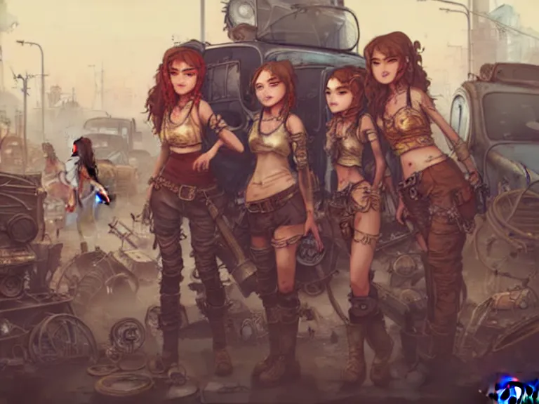 Image similar to group of 4 scavenger girls in a junkyard, steampunk, gritty, dirty, rusty, high fantasy, detailed faces, sharp focus, high detail, smooth, digital illustration, by rossdraws, artstation