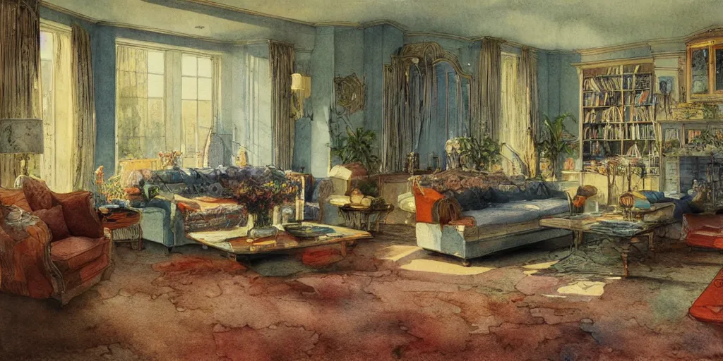 Prompt: a hiper intricate watercolor of a beatiful modern indoor living room, extremely detailed, sharp focus, wide view, smooth, digital illustration, colorfull, by william turner art, by greg rutowski, by carl larson, by edmund dulac