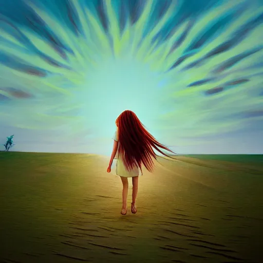 Prompt: closeup giant dahlia flower hair, girl walking between dunes, surreal photography, sunrise, blue sky, dramatic light, impressionist painting, digital painting, artstation, simon stalenhag