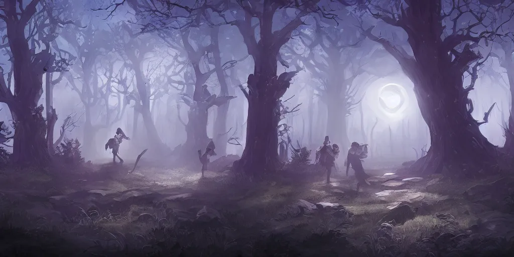 Prompt: tabletop roleplay game of a moonlit clearing in the woods, gridless, beautiful, 8 k, high quality digital art