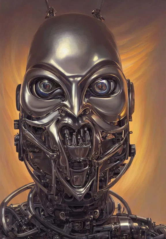 Prompt: perfectly centered portrait, front view of a biomechanical android alien anonymous guy fawkes robot, flowing hair, intense stare, sarcastic smile, symmetrical, concept art, intricate detail, volumetric shadows and lighting, realistic oil painting by tim hildebrandt and greg rutkowski,