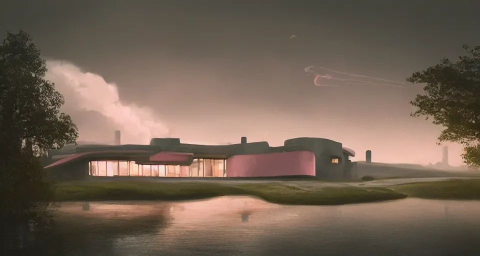 Prompt: modernist house in the shape of a hamburger, light pink clouds, dramatic lighting, artstation, matte painting, raphael lacoste, simon stalenhag, frank lloyd wright, zaha hadid