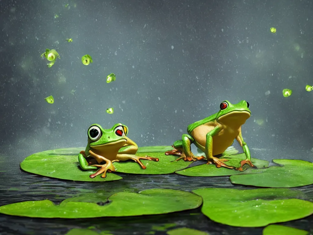 Prompt: frog cute character in water with water lily fireflies around, cute big eyes with details in body, vegetation, water, flying shot, portrait, full shot, symmetrical, frontal, rim light, pixar, octane render, digital art