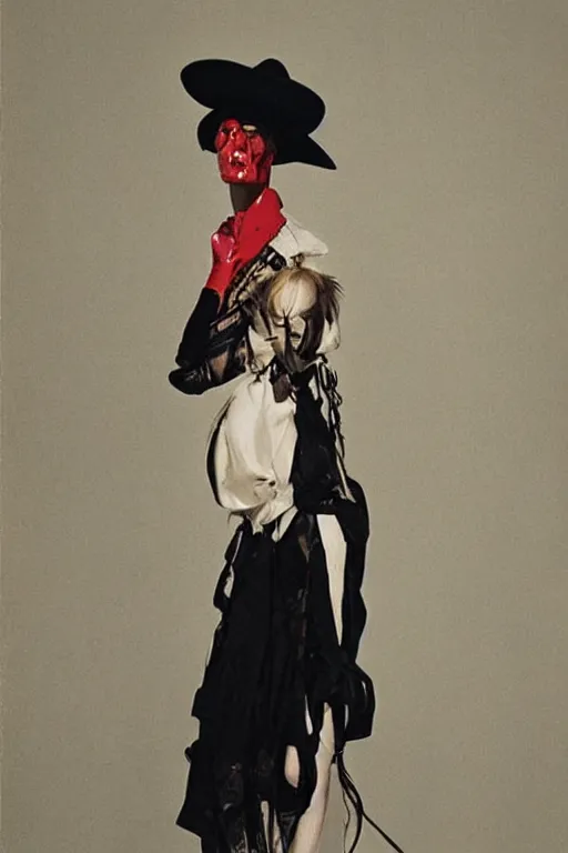 Prompt: margiela campaign featuring the violator as a female cowgirl, long eyeslashes, big juicy lips, big seductive eyes