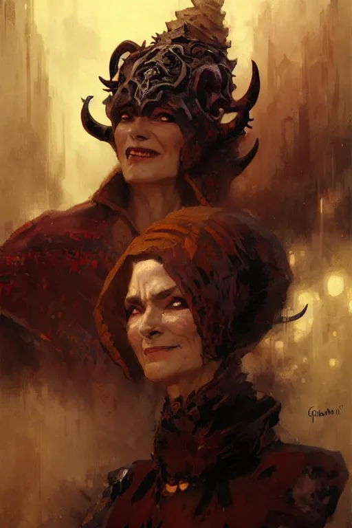 Prompt: well dressed middle aged woman with a sly smile and demonic horns growing from her head portrait dnd, painting by gaston bussiere, craig mullins, greg rutkowski, yoji shinkawa