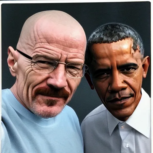 Prompt: Walter White and Barack Obama selfie, polaroid