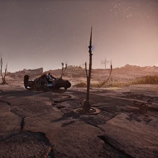 Image similar to A desolate wasteland, where the only signs of life are the occasional rusting hulk of a machine, or the skeleton of a long-dead creature, rendered in unreal engine.