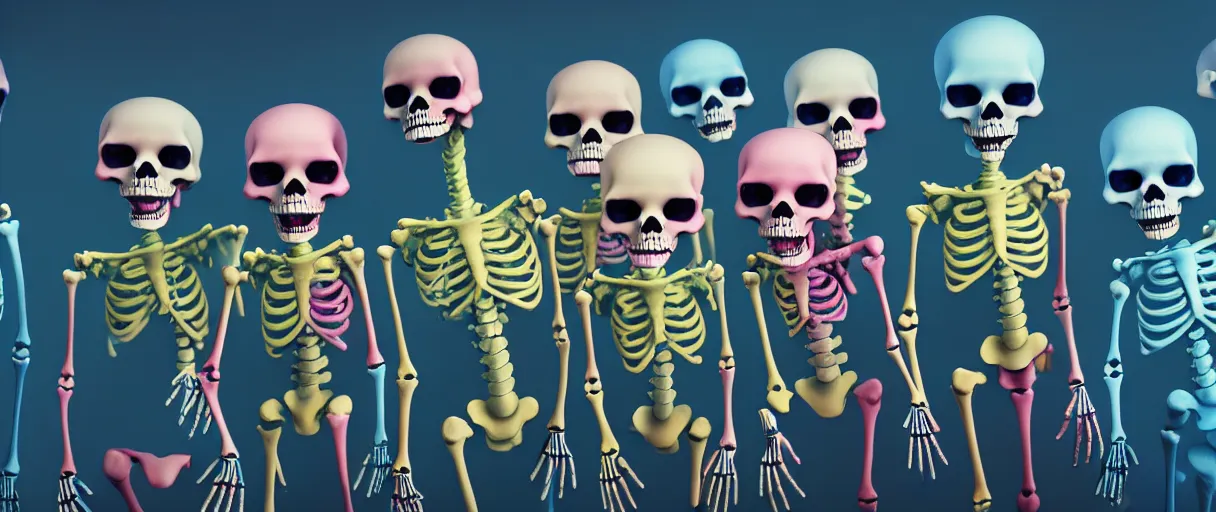 Image similar to hyperrealistic very cute multicolored skeletons breaking bones jason limon concept art dramatic blue lighting wide angle hd 8k sharp shallow depth of field