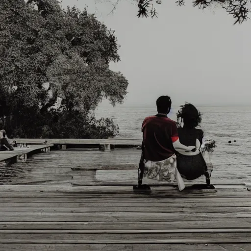 Prompt: couple sitting on the dock of the bay, bordali ii