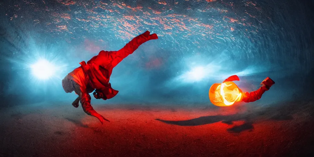 Image similar to underwater fisheye slow motion with trail fire effect of futuristic break dancer wearing long dark cloak and golden helmet emitting magic dust and fire, long exposure shot , enigmatic, at night underwater in the middle of the arctic with red light A letter, paddle of water, steam, fog, water splashes, rim lights, glossy reflections, water droplets on lens, octane render, Volumetric dynamic lighting, stunning cover magazine, high details, hajime sorayama