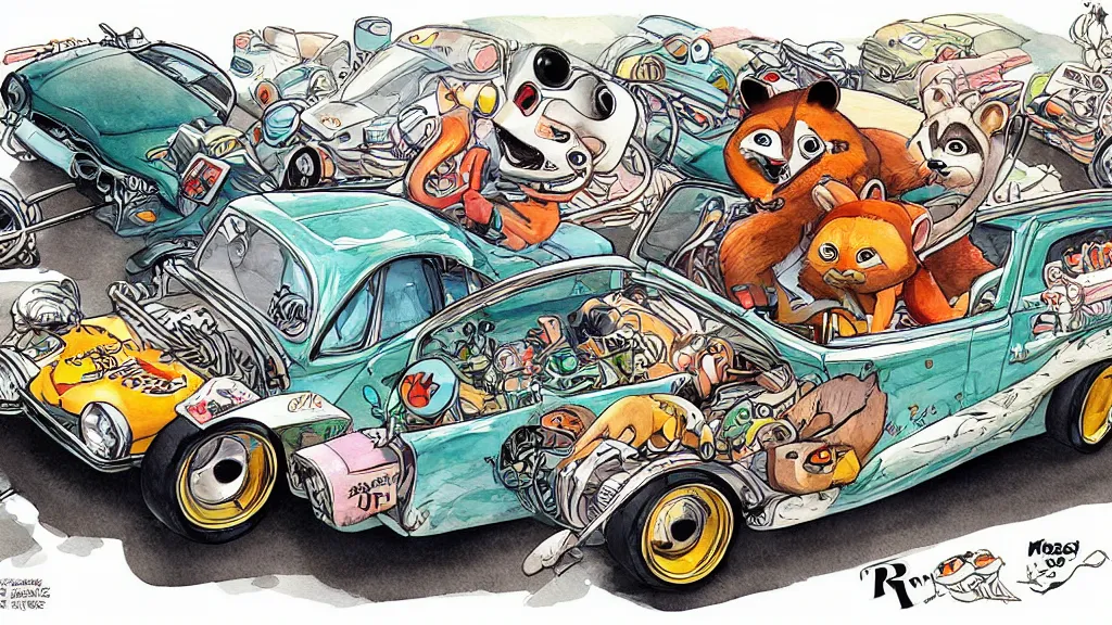 Image similar to cute and funny, racoon riding in a tiny hot rod coupe, ratfink style by ed roth, centered award winning watercolor pen illustration, isometric illustration by chihiro iwasaki, edited by range murata