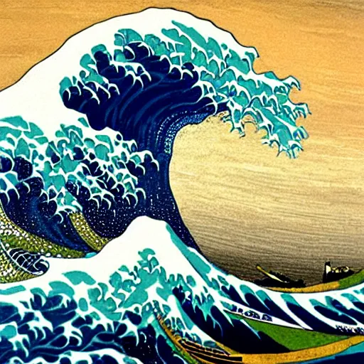 Prompt: a beautiful impasto oil painting ofbeautiful wave painted by katsushika hokusai