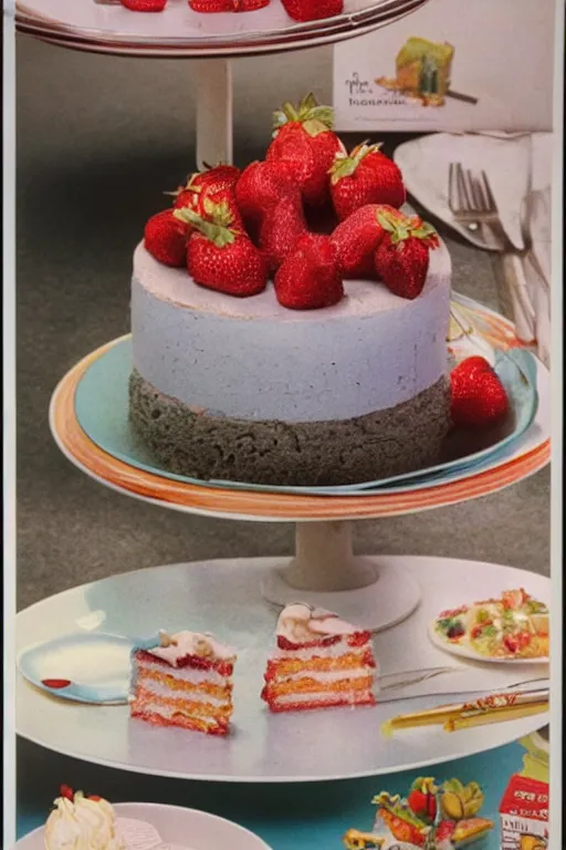 Prompt: realistic photographs of cakes from a 1 9 8 0 s dessert cookbook, highly detailed,