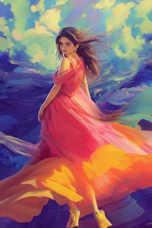 Image similar to a ultra detailed beautiful painting of ana de armas, wearing a colorful flowing dress, high angle shot, oil painting, by ilya kuvshinov, greg rutkowski and makoto shinkai