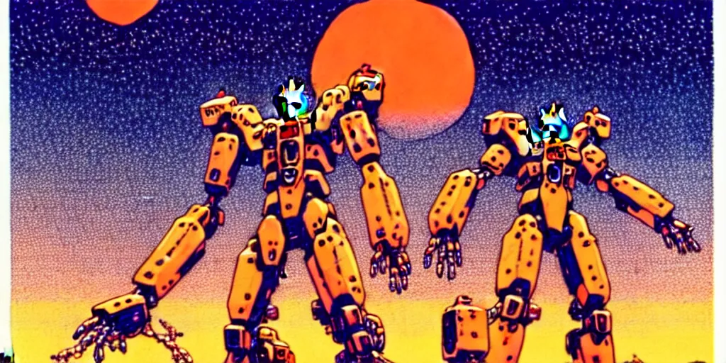 Image similar to risograph rendition of extremely - detailed white huge evangelion - like mech with a lot of orange tiny balls on it, children faces, ominous, intricate complexity, dramatic, epic composition, atmospheric, painting by moebius