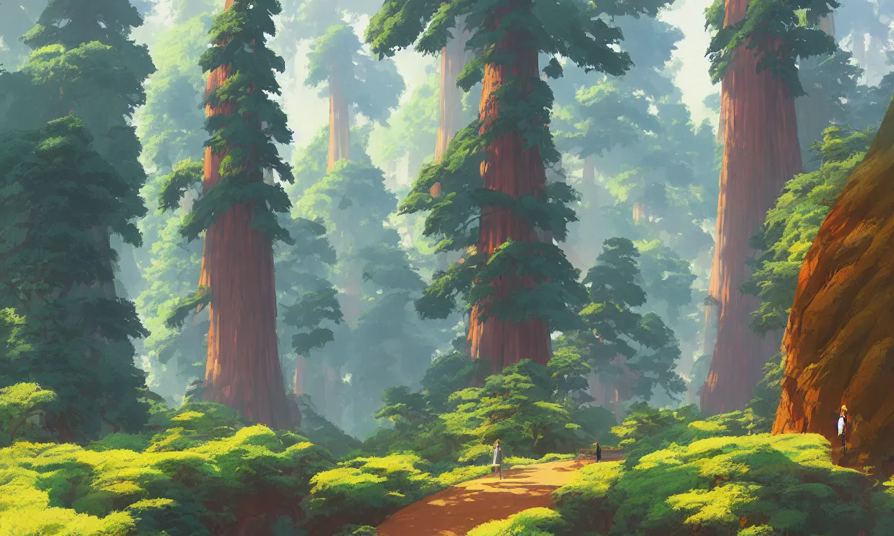 Image similar to Sequoia Park in a colorful moutain with beautiful trees ,morning , by studio ghibli painting, superior quality, masterpiece, traditional Japanese colors, by Grzegorz Rutkowski, concept art