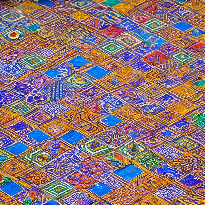 Prompt: hyper realistic wide shot of very detailed and colorful intricate perfectly tiling african geometric patterned tiles, flat lighting, top - down photograph, canon eos r 3, iso 2 0 0, 1 / 1 6 0 s, 8 k, raw, unedited, in - frame