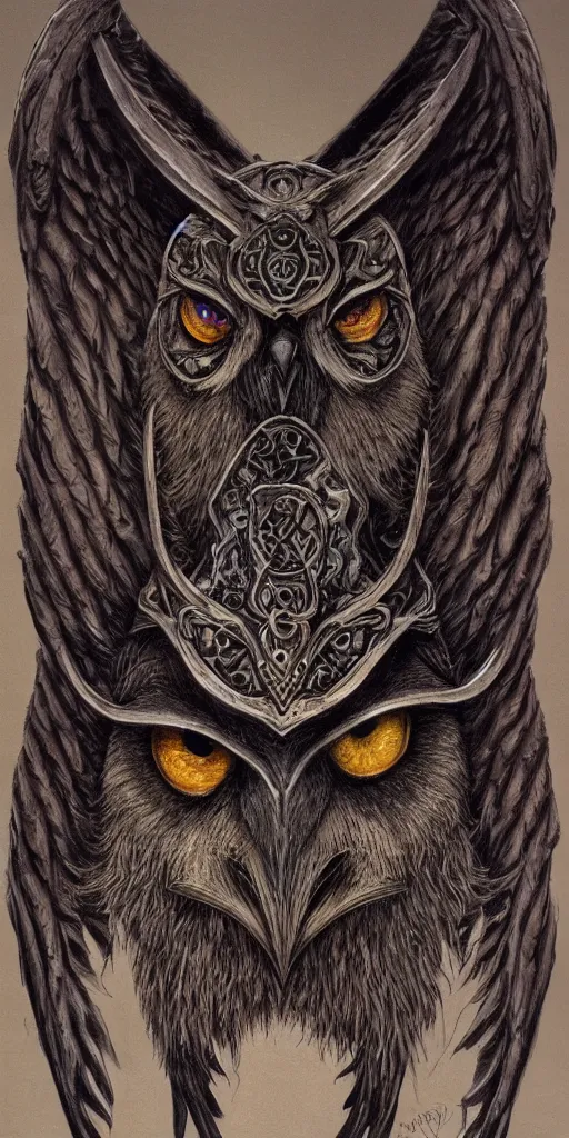 Prompt: sideview concept art of owl wear baphomet armor made with porcelain by jeff easley and peter elson, beautiful eyes and face, symmetry face, galaxy, gothic, surreal, dread, highly detailed, intricate complexity, epic composition, magical atmosphere, masterpiece, award winning, trending on artstation