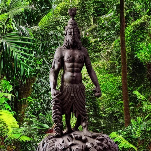 Prompt: cursed valley, ancient god statue, jungle