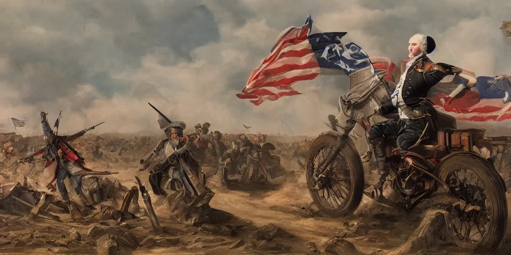 Image similar to George Washington rides a motorcycle to attack the British army in the revolutionary war, epic, cinematic, concept Art, detailed, 4K