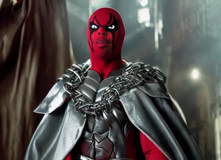 Image similar to film still of michael b jordan as spawn in the new spawn movie, giant chains, large cape, 8 k
