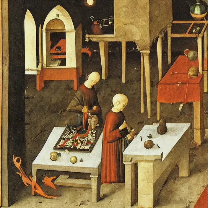 Image similar to obituary for an alchemist at night. simple painting by uccello paolo, bosch